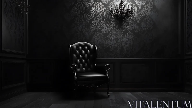 Baroque black leather throne in dark moody damask interior