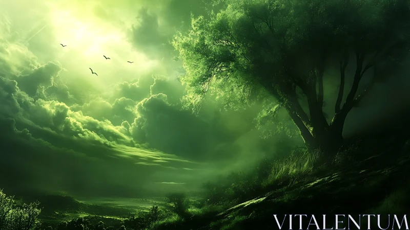 Luminescent green storm sky engulfs solitary hillside tree