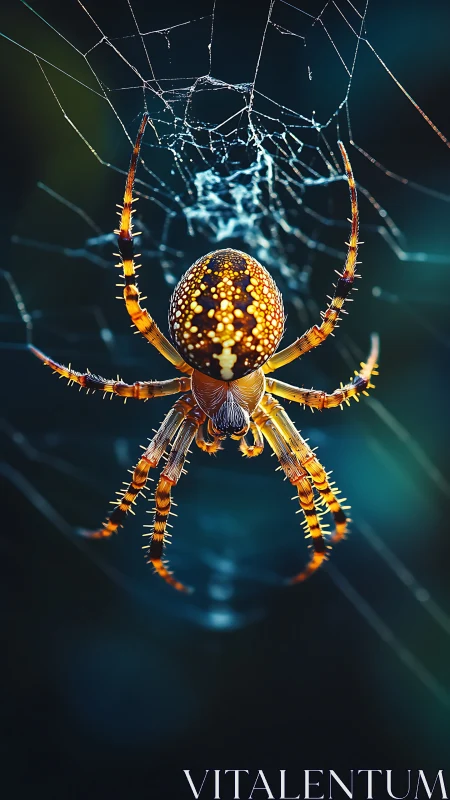 Vibrant orb-weaver spider hangs poised on a glistening web