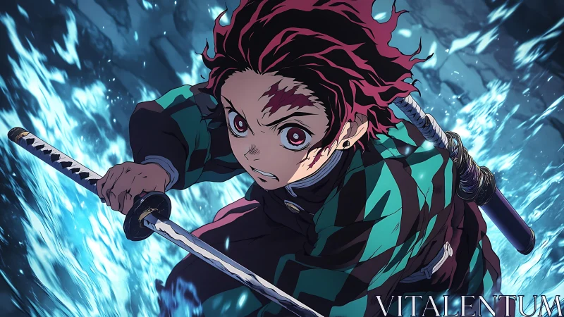 Sword-wielding warrior channels dynamic blue water energy.