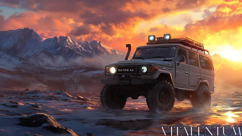 Off-road expedition SUV on icy plateau at vivid alpine sunset