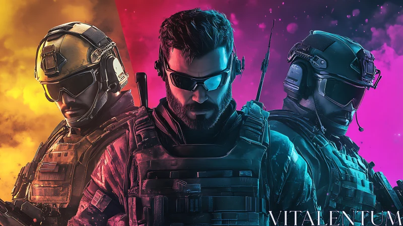 Tactical soldiers stand ready under split neon smoke light