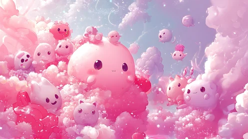 Pink cloud creatures in clustered sky fantasy scene.