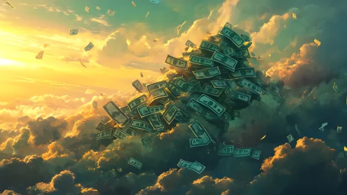 Dreamy cloudburst of flying money in golden evening light.