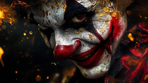 Fiery painted clown grinning through swirling sparks of night.