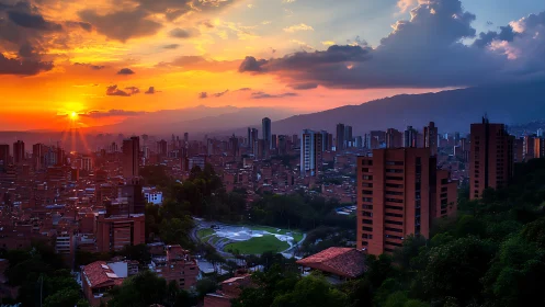 Golden sunset embracing a lively city skyline at dusk.