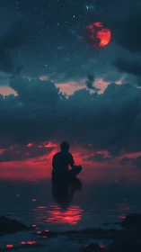 Quiet moonlit pause beneath a glowing red night sky.