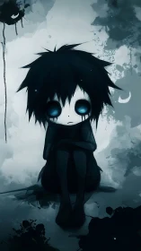 Melancholic blue-eyed child sits alone in a shadowed void.