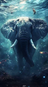 Majestic elephant strides through dreamlike underwater world.