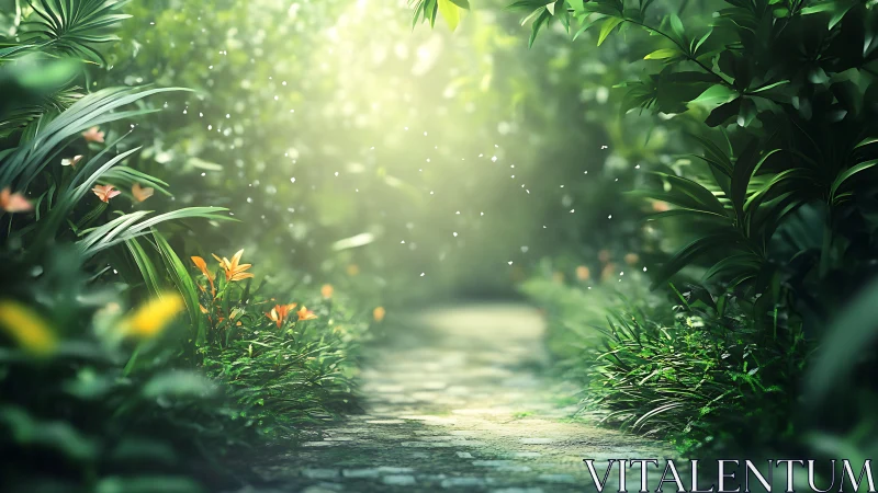 Sunlit garden path hums softly with drifting green light