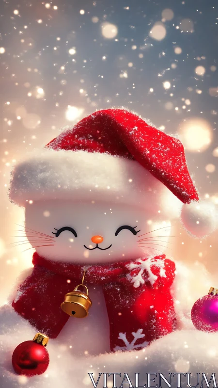 Snowy bellcat in a Santa hat beaming pure holiday cheer.