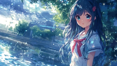 Anime waterfront portrait uniting bokeh lighting and motion effects