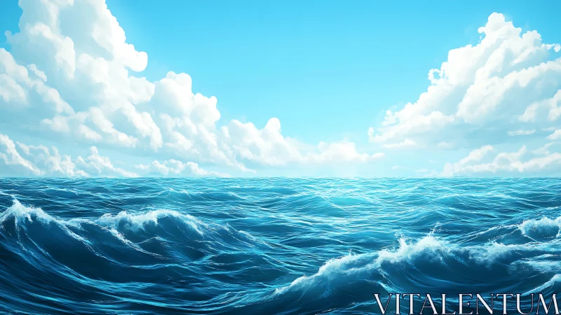 Dynamic mid-ocean wave field under cumuliform skyscape.