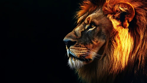 Golden maned lion gazing softly into the dark distance.