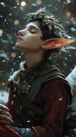 Winter elf portrait in contemplative profile, digital painting.