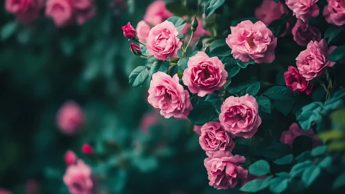 Lush Pink Roses Bloom in Vibrant Garden Setting.