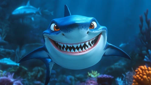 Cartoon shark character in bright underwater coral habitat.