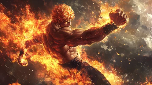 Dynamic digital painting of fiery martial arts warrior in motion.