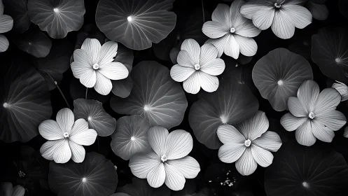 Monochrome Florals Blooming Against Dark Foliage.