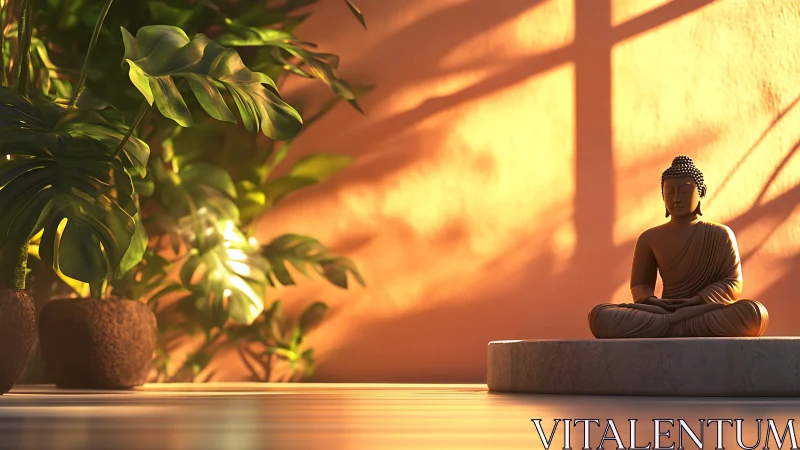 Photorealistic Buddha statue with tropical foliage and warm light.