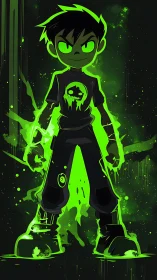 Neon green anime hero radiating dark cosmic energy.