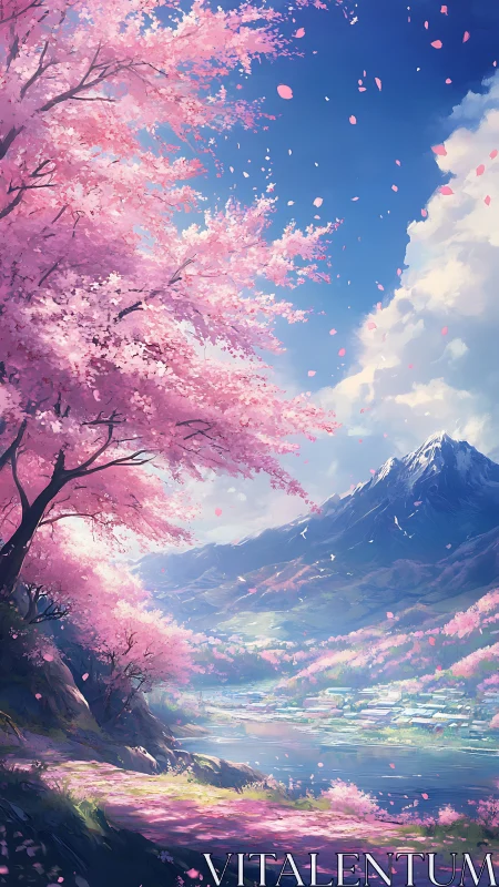 Cherry blossom valley under snowcapped mountain sky.