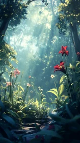 Enchanted Forest Glade with Deep Red Iris Blooms and Luminous Volumetric Light