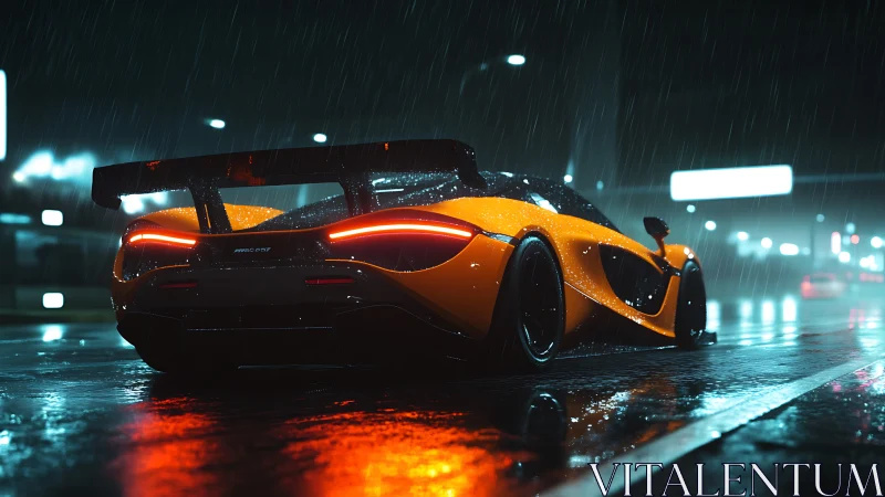 Midnight rain run with a glowing orange supercar dream.