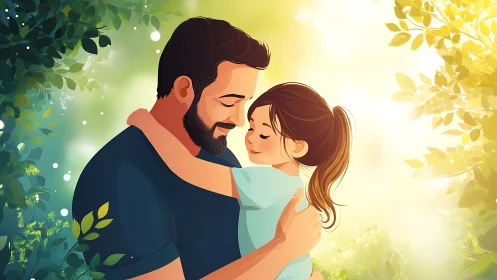 Luminous Intimate Portrait: Bearded Male Figure Embracing Female Subject Against Foliage Backdrop.