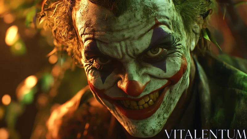 Sinister clown close up with intense grin and face paint.