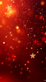 Golden snowflakes glow against a festive red bokeh sky