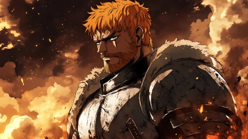 Battle-worn warrior stares into blazing stormy horizon.