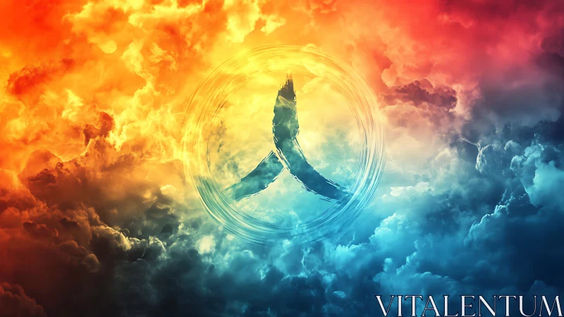 Triadic symbol emerges within fiery and icy swirling clouds.