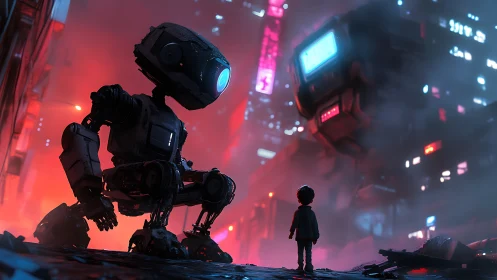 Curious child meets gentle robot in a neon city night