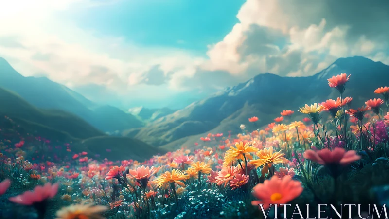 Sunlit wildflower meadow stretches toward distant blue mountains