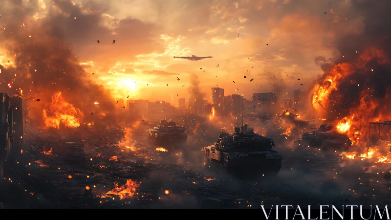 Armored columns advance through incendiary urban battlefield at dusk