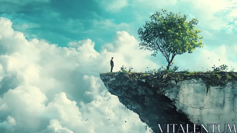 Solitary dreamer stands on a sky cliff beside a hopeful tree