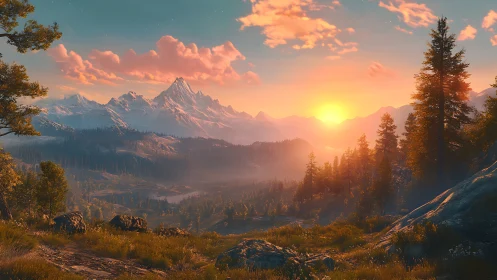 Sunset over pine forest and distant snowy mountain range.