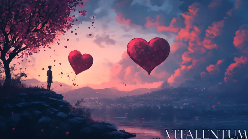 Figure Gazes at Floating Hearts Against Sunset Sky.