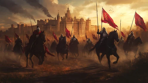 Armored cavalry charge toward a fortified medieval castle.