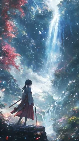 Samurai girl contemplates a misty waterfall in a dreamlike gorge