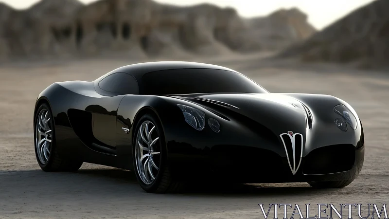 Sleek black supercar gliding through a sunlit desert.