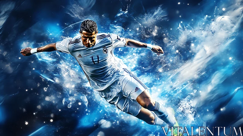Explosive soccer leap bursts through swirling blue energy