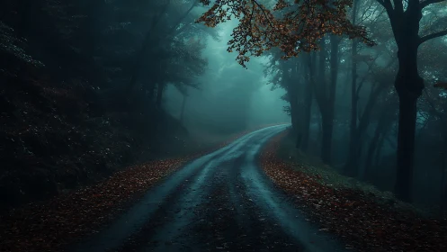Misty Forest Road: Ethereal Rural Path Through Fog.