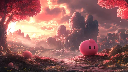 Soft pink creature wanders through a glowing fantasy valley