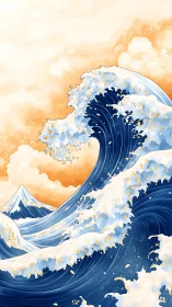 Golden dusk wave curls before distant snow peak.