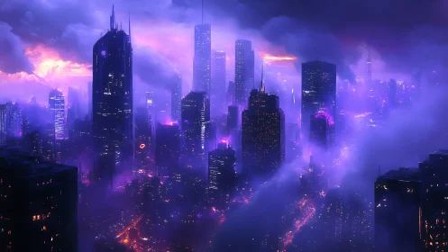 Neon cyberpunk skyline under violet storm clouds.