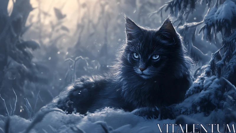 Black Cat in Frozen Winter Forest Landscape.