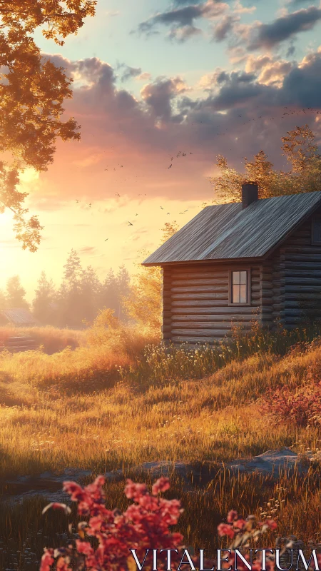 Sunlit log cabin rendered in warm atmospheric perspective