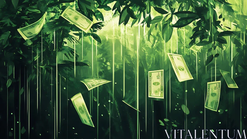 Dollar bills drift through a glowing emerald jungle